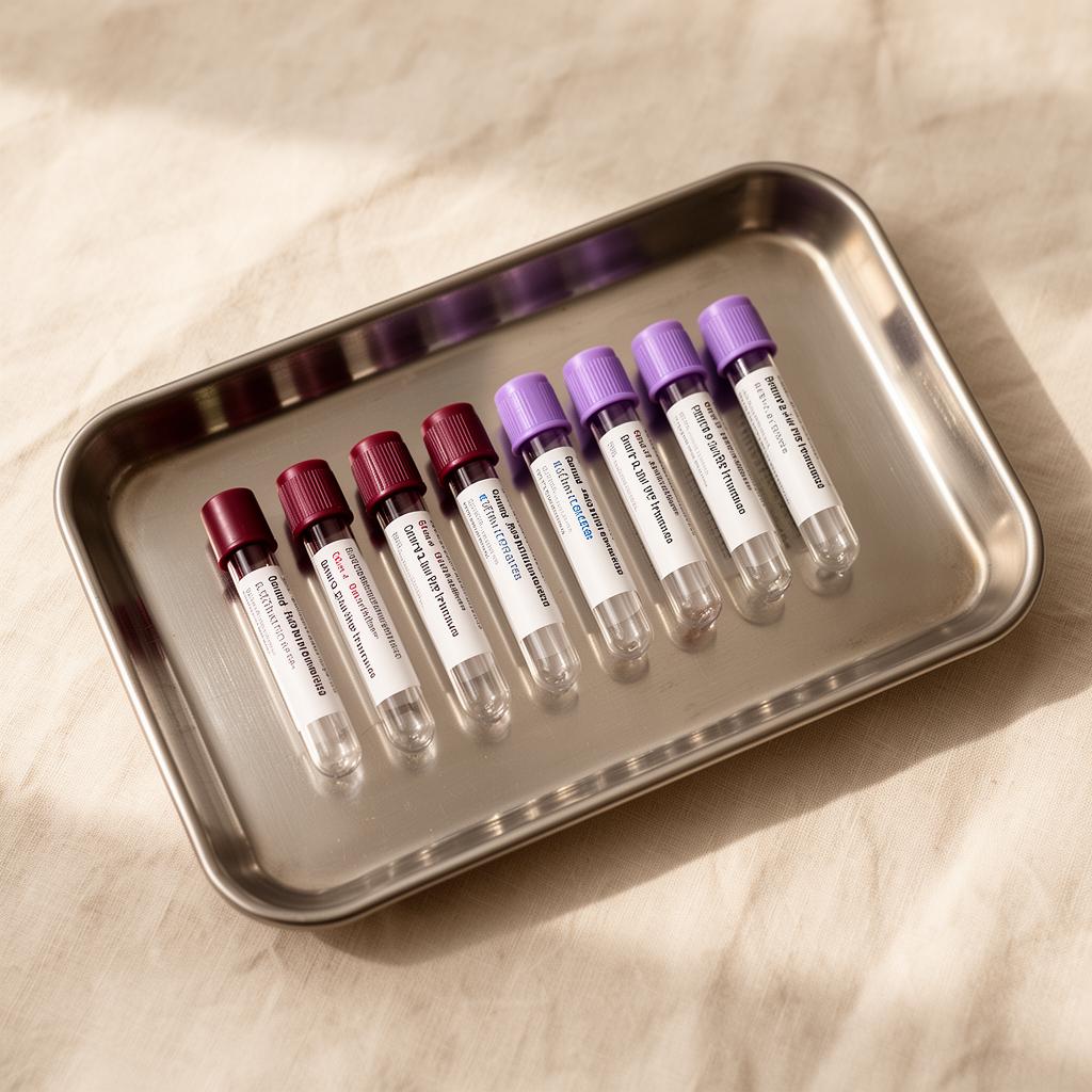 LONVÉ diagnostic blood tubes on stainless tray